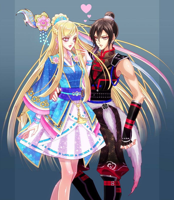 1boy, 1girl, blonde_hair, blue_hair, braid, brown_hair, chacha_(sengoku_musou), earrings