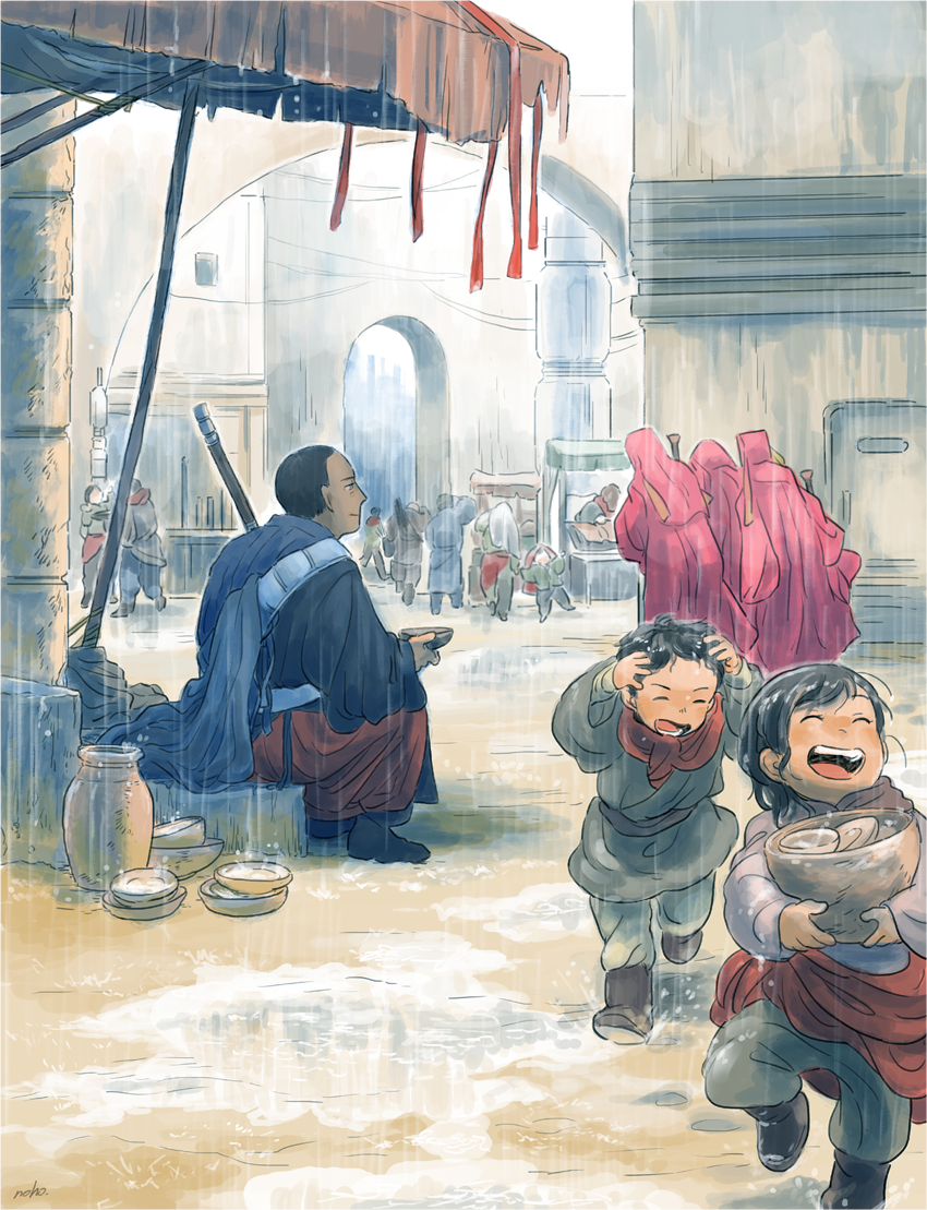 alley, begging, blind, boots, child, chirrut, cloak, dishes, hood, hooded_cloak, jedha, matsuri6373, rain, rogue_one:_a_star_wars_story, scarf, science_fiction, signature, sitting, staff, star_wars, tarp, tunic