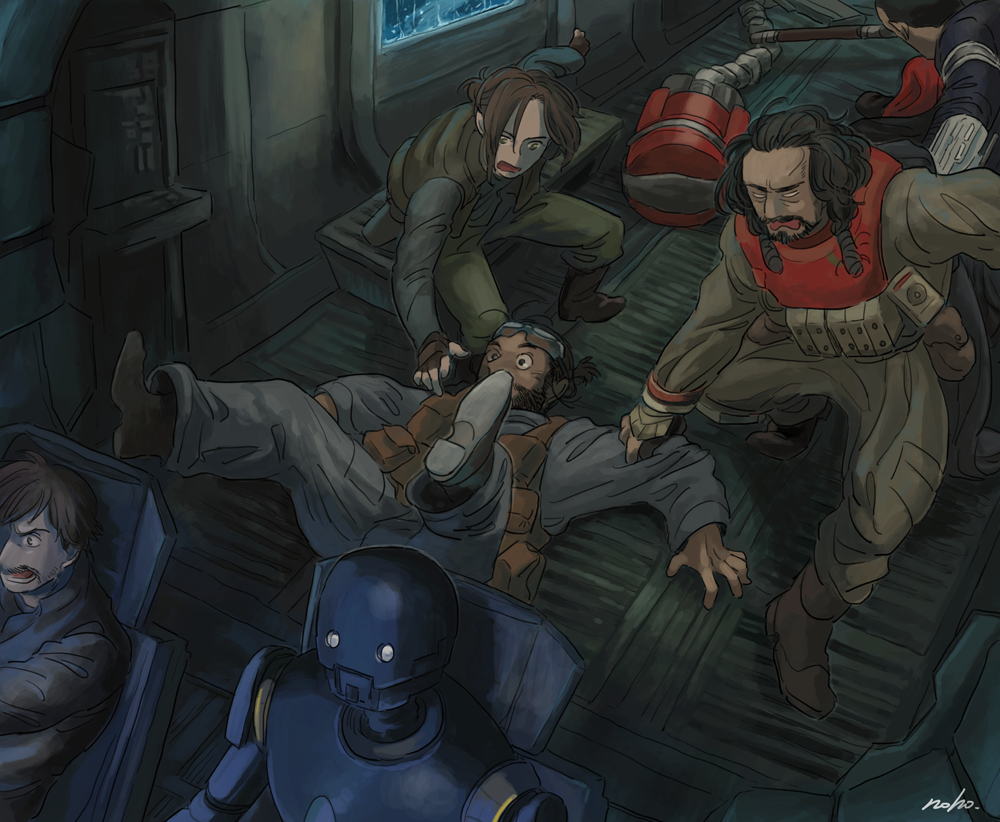 1girl, 4boys, armor, backpack, backpack_removed, bag, baze, beard, bodhi_rook, boots, cassian_andor, chirrut, cockpit, energy_weapon, facial_hair, falling, fingerless_gloves, gloves, goggles, jacket, jyn_erso, k-2so, long_hair, lying, matsuri6373, multiple_boys, on_back, robot, rogue_one:_a_star_wars_story, science_fiction, signature, space_craft, spacecraft_interior, spoilers, staff, star_wars, u-wing, vest