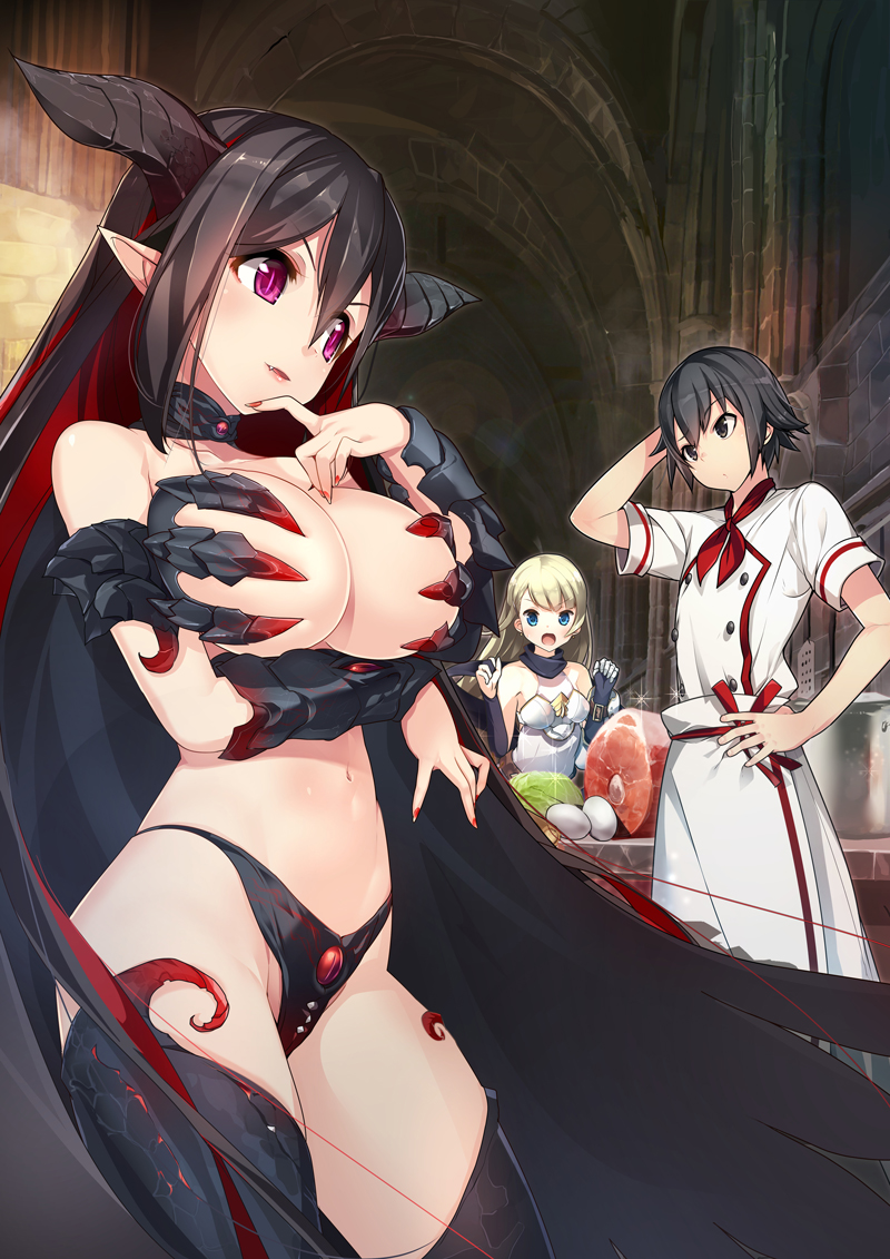 >:), 1boy, 2girls, armor, bare_shoulders, bikini, bikini_armor, black_bikini