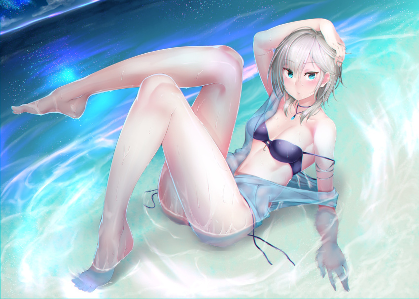 1girl, anastasia_(idolmaster), arm_support, barefoot, beach, bikini, blue_eyes, collarbone