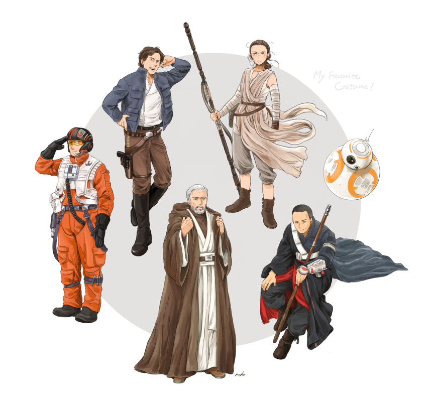 1girl, 4boys, bb-8, belt, boots, chirrut, energy_gun, han_solo