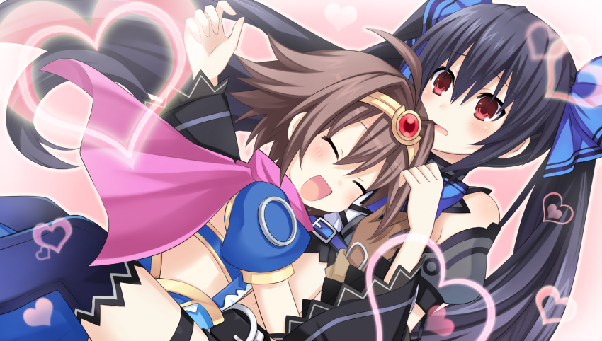 2girls, black_hair, blush, breasts, brown_hair, chou_megami_shinkou_noire_gekishin_black_heart, closed_eyes, estelle