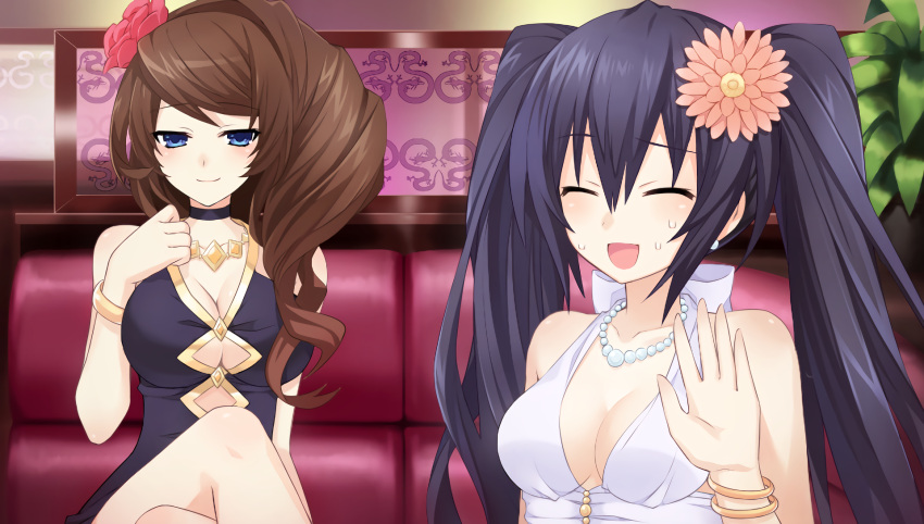 2girls, bare_shoulders, black_hair, blue_eyes, breasts, brown_hair, chou_megami_shinkou_noire_gekishin_black_heart, cleavage