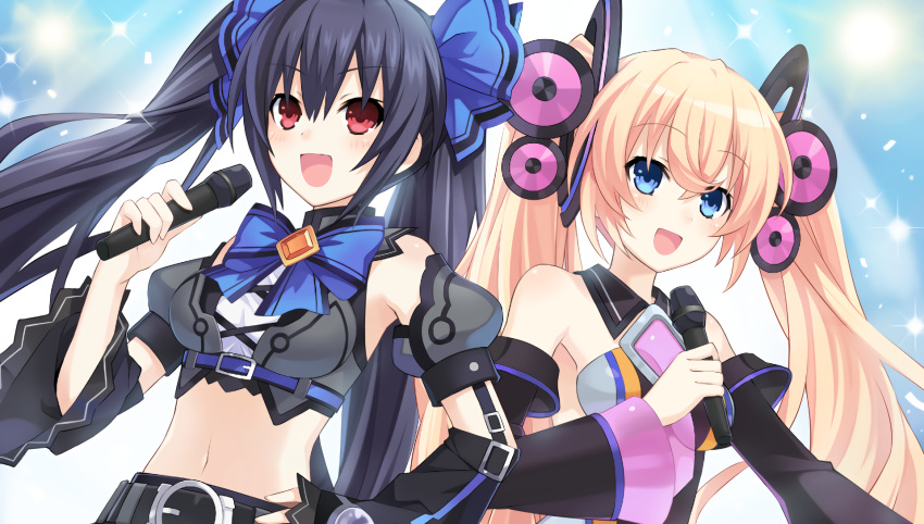 2girls, bare_shoulders, black_hair, blonde_hair, blue_eyes, breasts, brown_hair, chou_megami_shinkou_noire_gekishin_black_heart