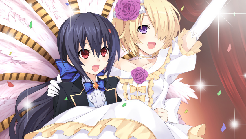 2girls, bare_shoulders, black_hair, blonde_hair, blossa_aizen, blue_eyes, blush, breasts