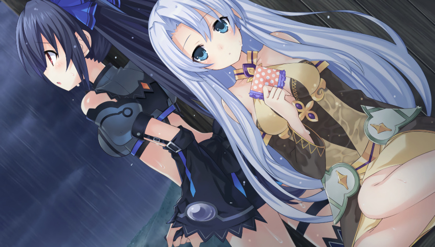 2girls, bare_shoulders, black_hair, blue_eyes, blue_hair, blush, chou_megami_shinkou_noire_gekishin_black_heart, game_cg
