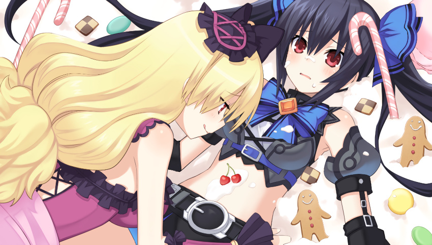 2girls, bare_shoulders, black_hair, blonde_hair, blush, breasts, candy, candy_cane