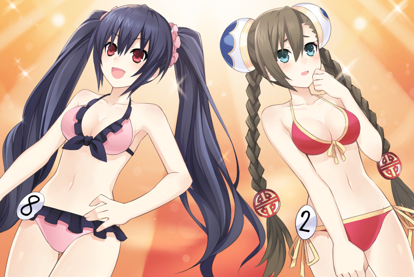 1girl, 2girls, bare_shoulders, bikini, black_hair, braid, chou_megami_shinkou_noire_gekishin_black_heart, frilled_bikini