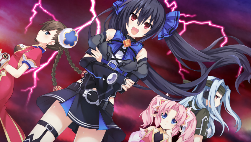 4girls, bare_shoulders, black_hair, blue_hair, braid, chou_megami_shinkou_noire_gekishin_black_heart, choujigen_game_neptune, crossed_arms