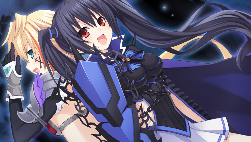 1girl, ain_aru, aqua_eyes, armor, bare_shoulders, black_hair, blonde_hair, breasts