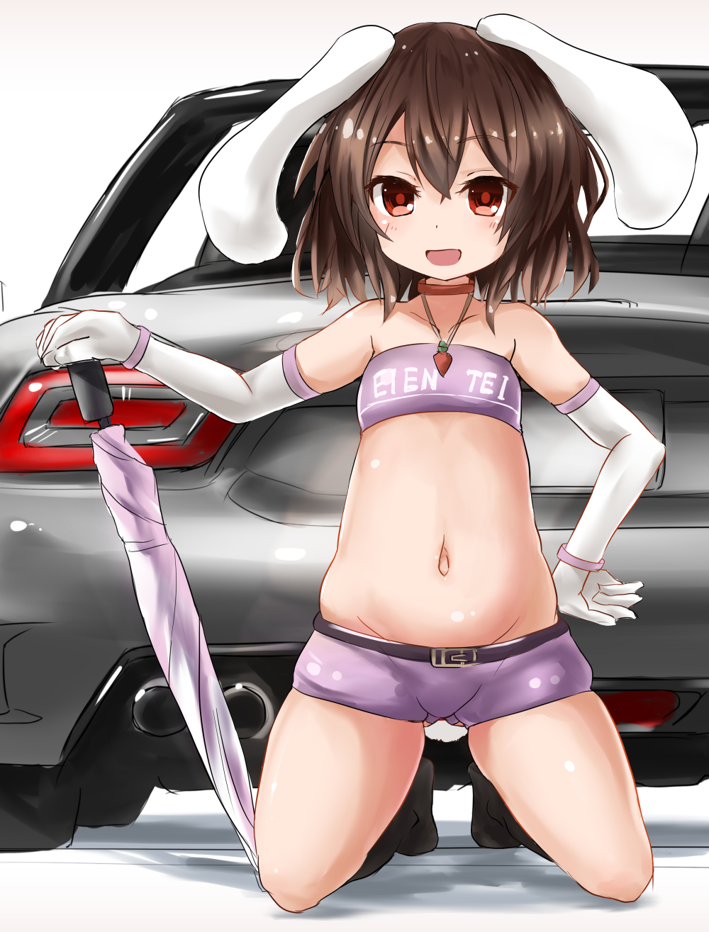 1girl, animal_ears, arm_at_side, bare_shoulders, black_hair, black_legwear, bunny_tail, car