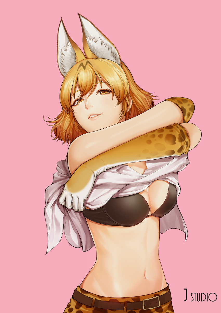 1girl, animal_ears, belt, black_bra, blonde_hair, bra, breasts, cleavage