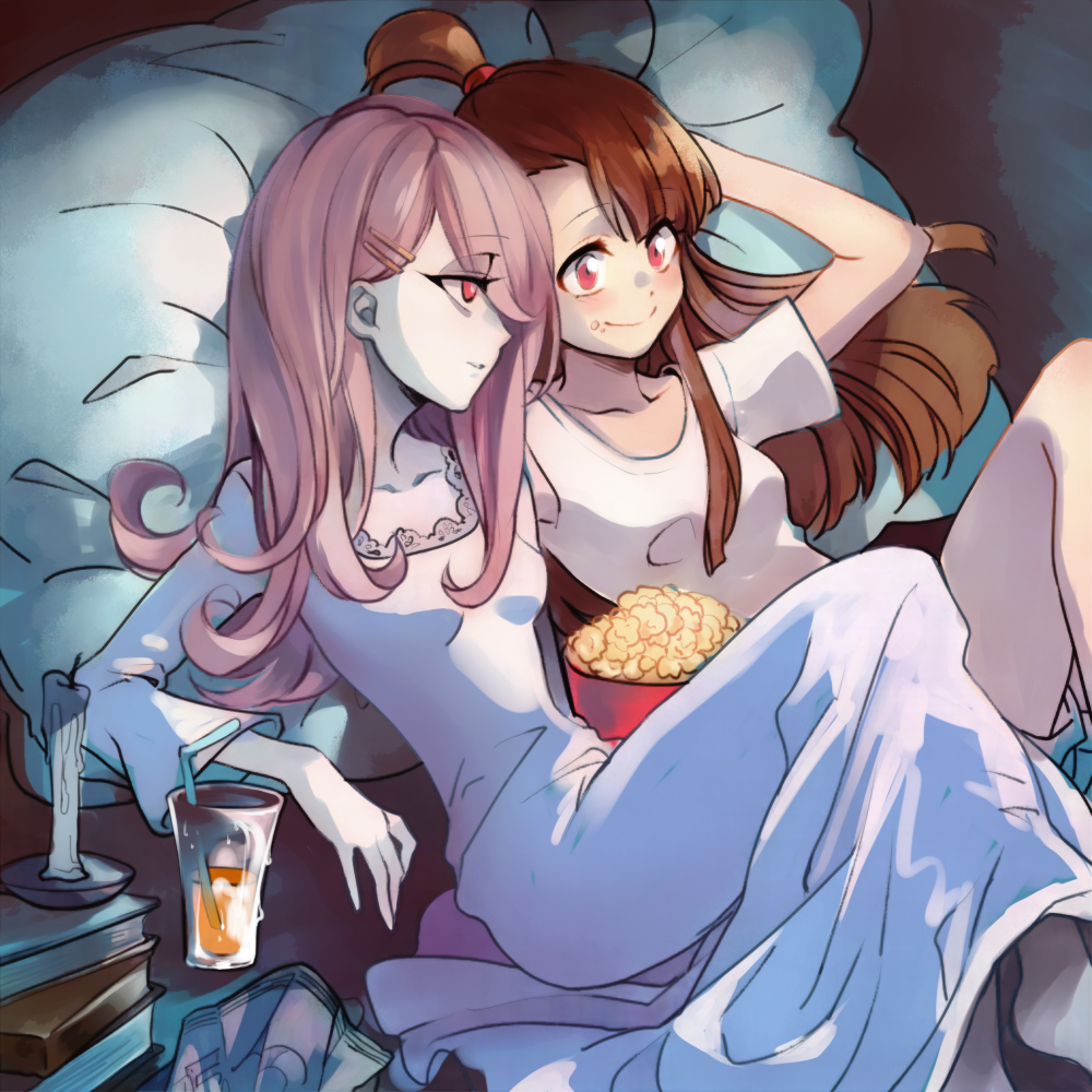 2girls, bed, book, breasts, brown_hair, candle, chemise, cup, drinking_glass, drinking_straw, eyeshadow, food, hair_ornament, hair_over_one_eye, hairclip, indoors, kagari_atsuko, leila_(yurisouls), little_witch_academia, long_hair, makeup, multiple_girls, pale_skin, pillow, popcorn, purple_hair, red_eyes, shirt, short_ponytail, small_breasts, smile, sucy_manbavaran, yuri