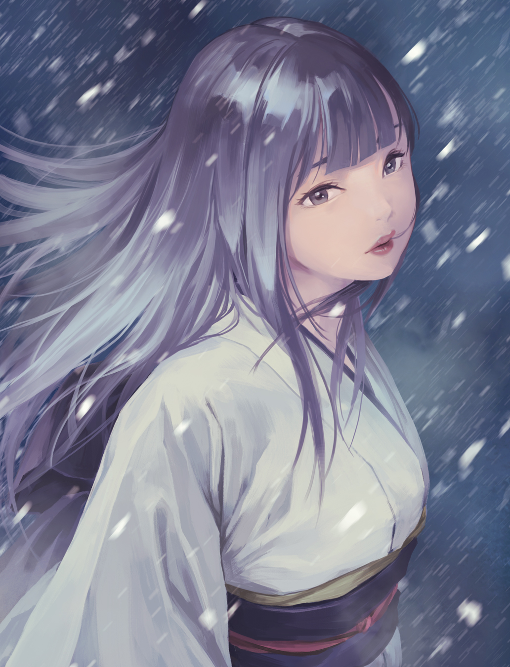 1girl, bangs, blizzard, blunt_bangs, hair_in_mouth, highres, japanese_clothes, kimono
