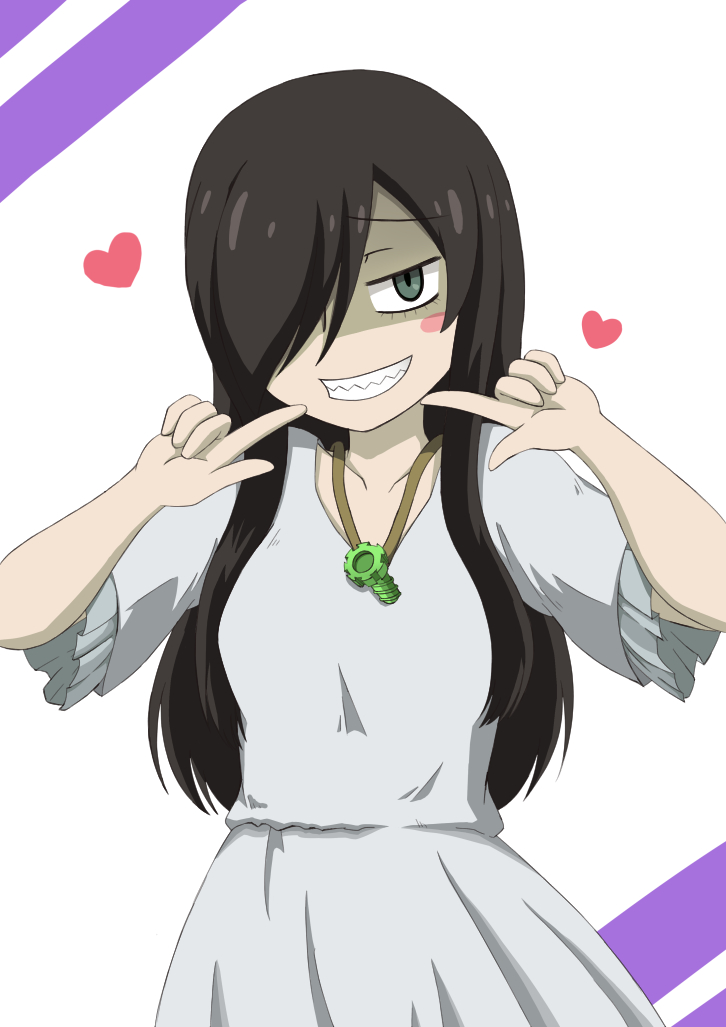 1girl, black_hair, commentary_request, dress, green_eyes, hair_over_one_eye, heart, heybot!