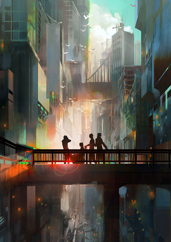 111111111_(leiyao), 4boys, bird, bridge, building, city, cityscape, final_fantasy