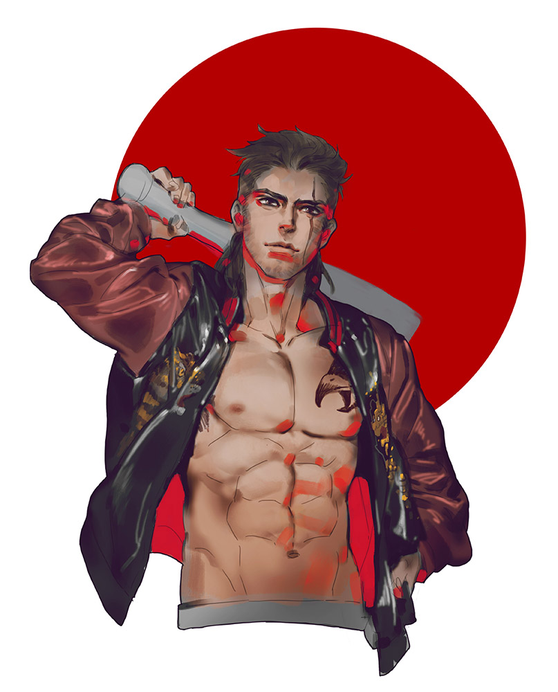 111111111_(leiyao), 1boy, baseball_bat, brown_hair, final_fantasy, final_fantasy_xv, gladiolus_amicitia, jacket