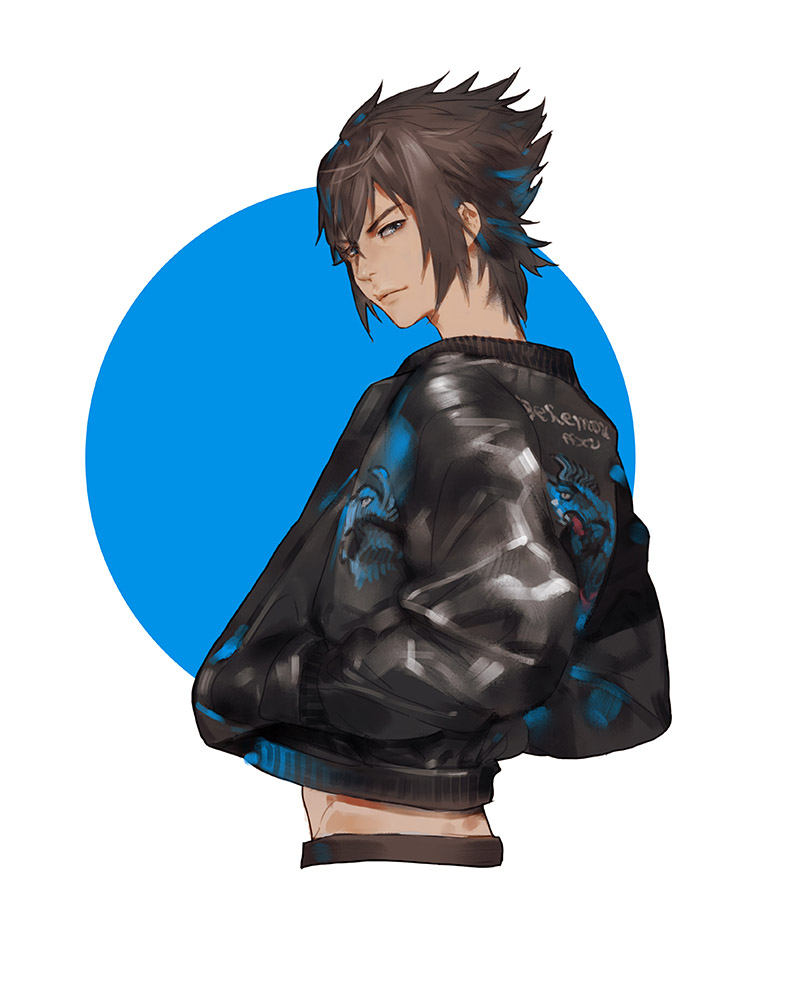 111111111_(leiyao), 1boy, black_hair, blue_background, blue_eyes, final_fantasy, final_fantasy_xv, from_behind, hands_in_pockets, jacket, leather, leather_jacket, male_focus, midriff, noctis_lucis_caelum, solo