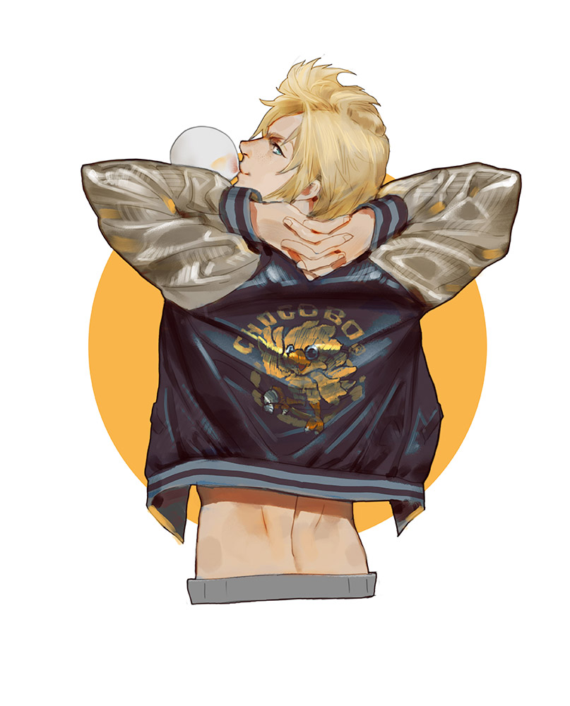 111111111_(leiyao), 1boy, arms_behind_head, back, blonde_hair, blue_eyes, chewing_gum, chocobo