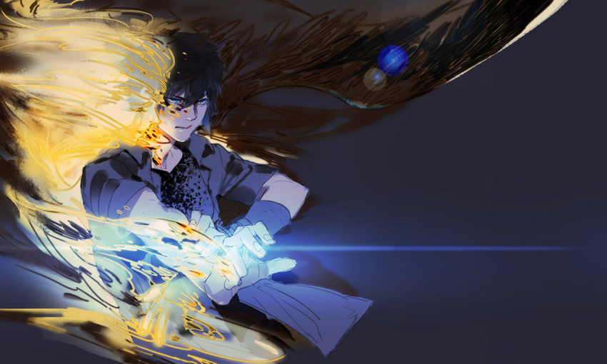 111111111_(leiyao), 1boy, 1girl, black_clothes, black_hair, black_jacket, blue_eyes, final_fantasy