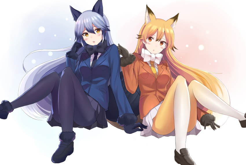 2girls, absurdres, animal_ears, black_gloves, black_skirt, blonde_hair, blue_jacket, blush