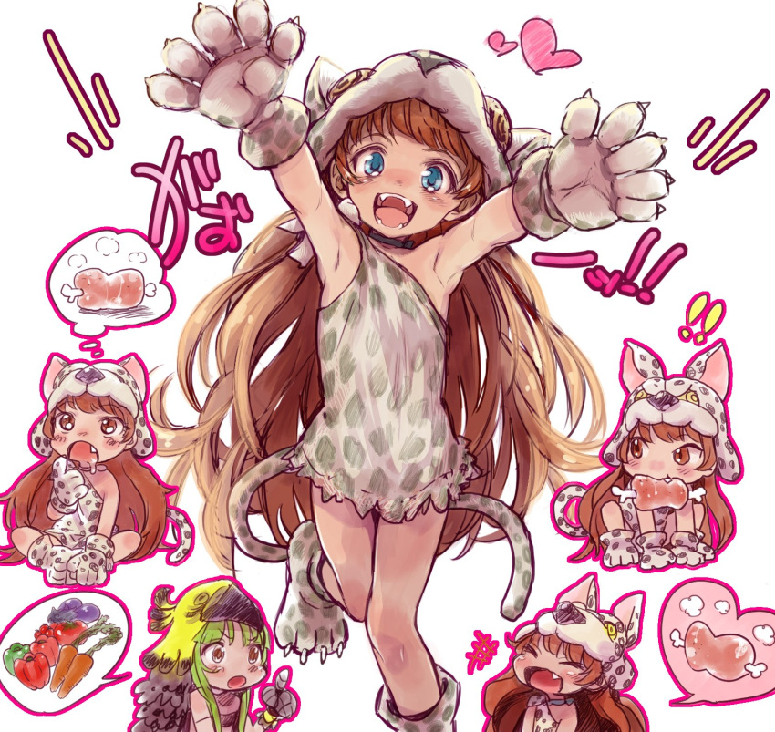 !!, +++, 2girls, :d, animal_hood, animal_print, bell_pepper, blue_eyes