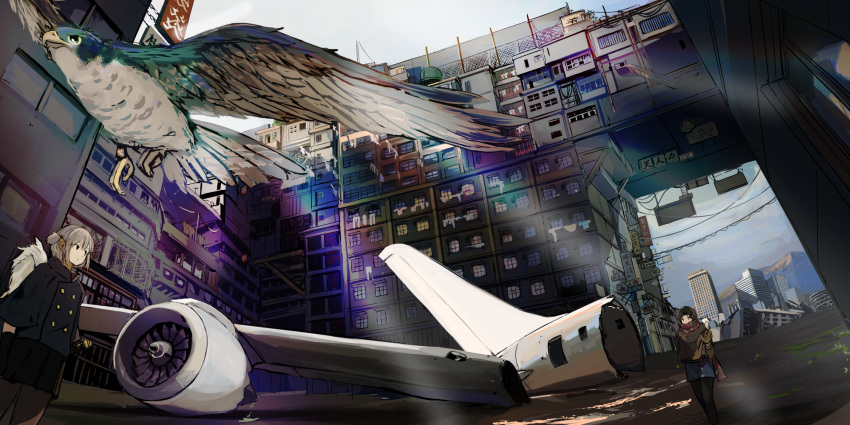 2girls, aircraft, airplane, animal, apartment, bag, bangs, bird