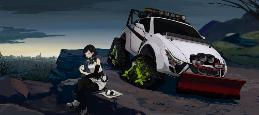 1girl, black_eyes, black_hair, black_legwear, blue_sky, boots, car, caterpillar_tracks