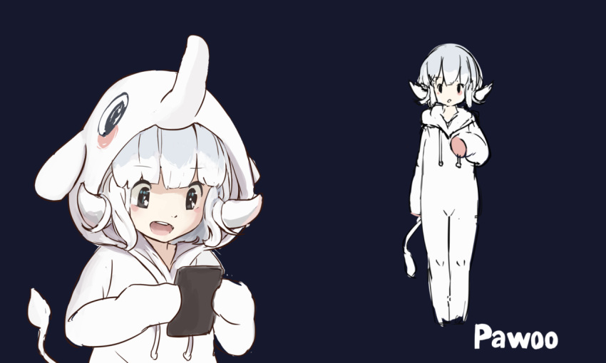 1girl, animal_costume, bangs, black_eyes, blue_background, blush, copyright_name, elephant_costume