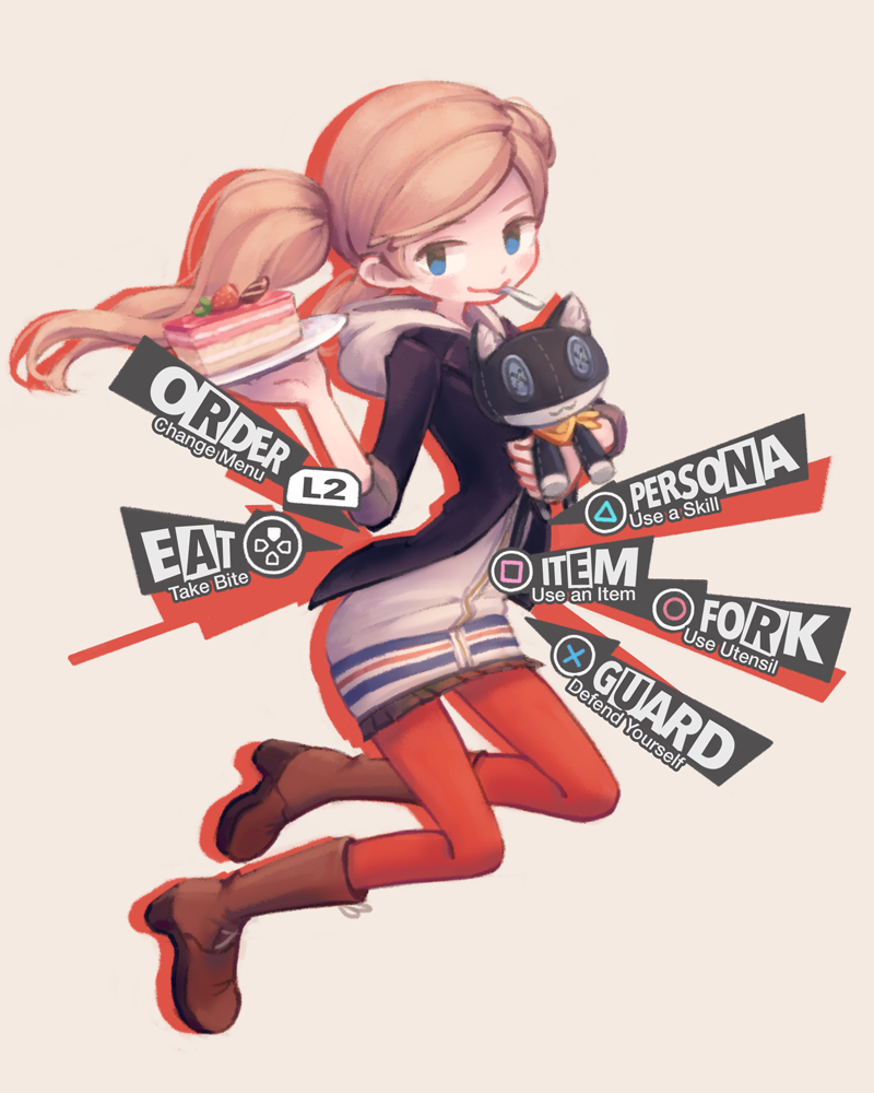1girl, :3, allen_(makaroll), atlus, blonde_hair, blue_eyes, boots, button_eyes, cake, cute, english, food, fork_in_mouth, from_side, full_body, gameplay_mechanics, hand_up, holding, holding_plate, holding_stuffed_animal, hood, hood_down, hoodie, jacket, long_hair, long_sleeves, looking_at_viewer, megami_tensei, moe, morgana_(persona_5), mouth_hold, open_clothes, open_jacket, outline, persona, persona_5, plate, red_legwear, school_uniform, simple_background, skirt, sleeves_rolled_up, smile, solo, stuffed_animal, stuffed_cat, stuffed_toy, super_smash_bros., takamaki_ann, twintails, user_interface