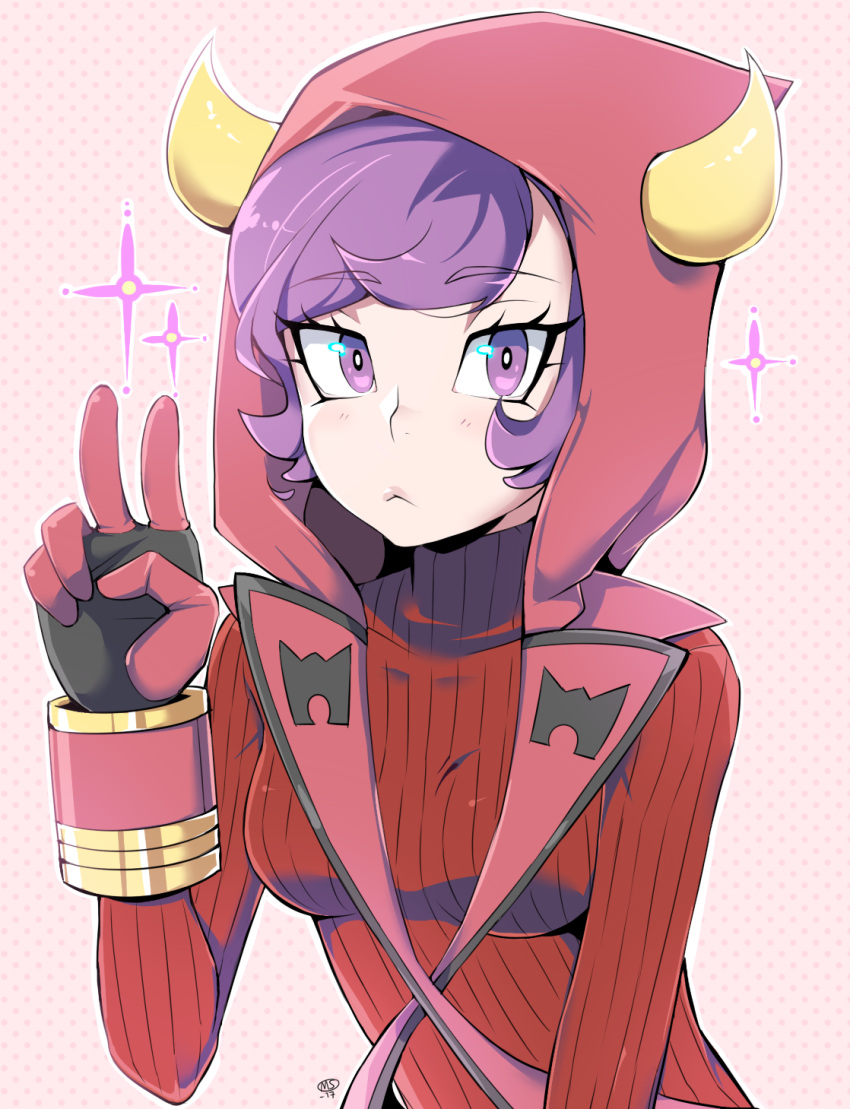 1girl, black_gloves, bracer, dated, dotted_background, gloves, highres, hood, kagari_(pokemon), kagari_(pokemon)_(remake), looking_at_viewer, milk_(4chan), milka_(milk4ppl), pokemon, pokemon_(game), pokemon_oras, purple_hair, ribbed_sweater, solo, sweater, upper_body, v, violet_eyes