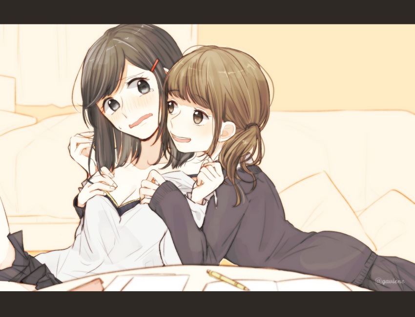 2girls, bangs, black_hair, black_skirt, blush, breasts, brown_eyes, brown_hair, cardigan, cleavage, couch, desk, eyebrows_visible_through_hair, gavienc, hair_ornament, hairclip, hands_up, highres, hug, hug_from_behind, indoors, letterboxed, long_hair, looking_at_another, medium_breasts, multiple_girls, nose_blush, open_mouth, original, pencil, pleated_skirt, school_uniform, side_ponytail, sidelocks, sitting, skirt, sleeves_past_wrists, smile, swept_bangs, table, tears, teeth, wavy_mouth, yuri