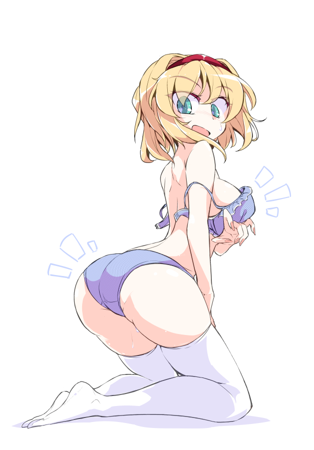 /\/\/\, 1girl, alice_margatroid, aqua_eyes, ass, bare_shoulders, blonde_hair, blue_bra