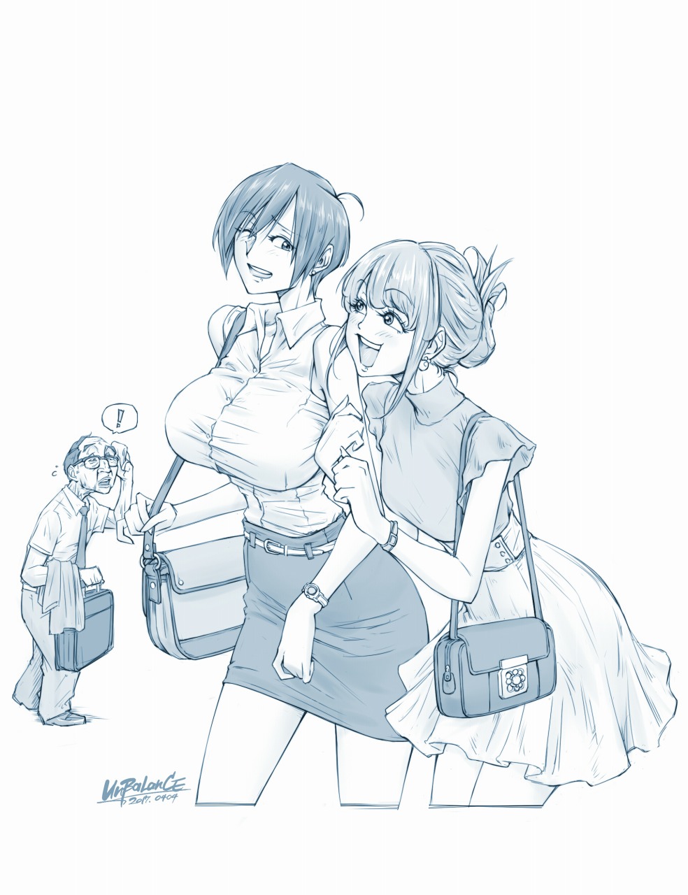 !?, 1boy, 2girls, :d, ahoge, aizawa_asahi_(unbalance), artist_name, bag