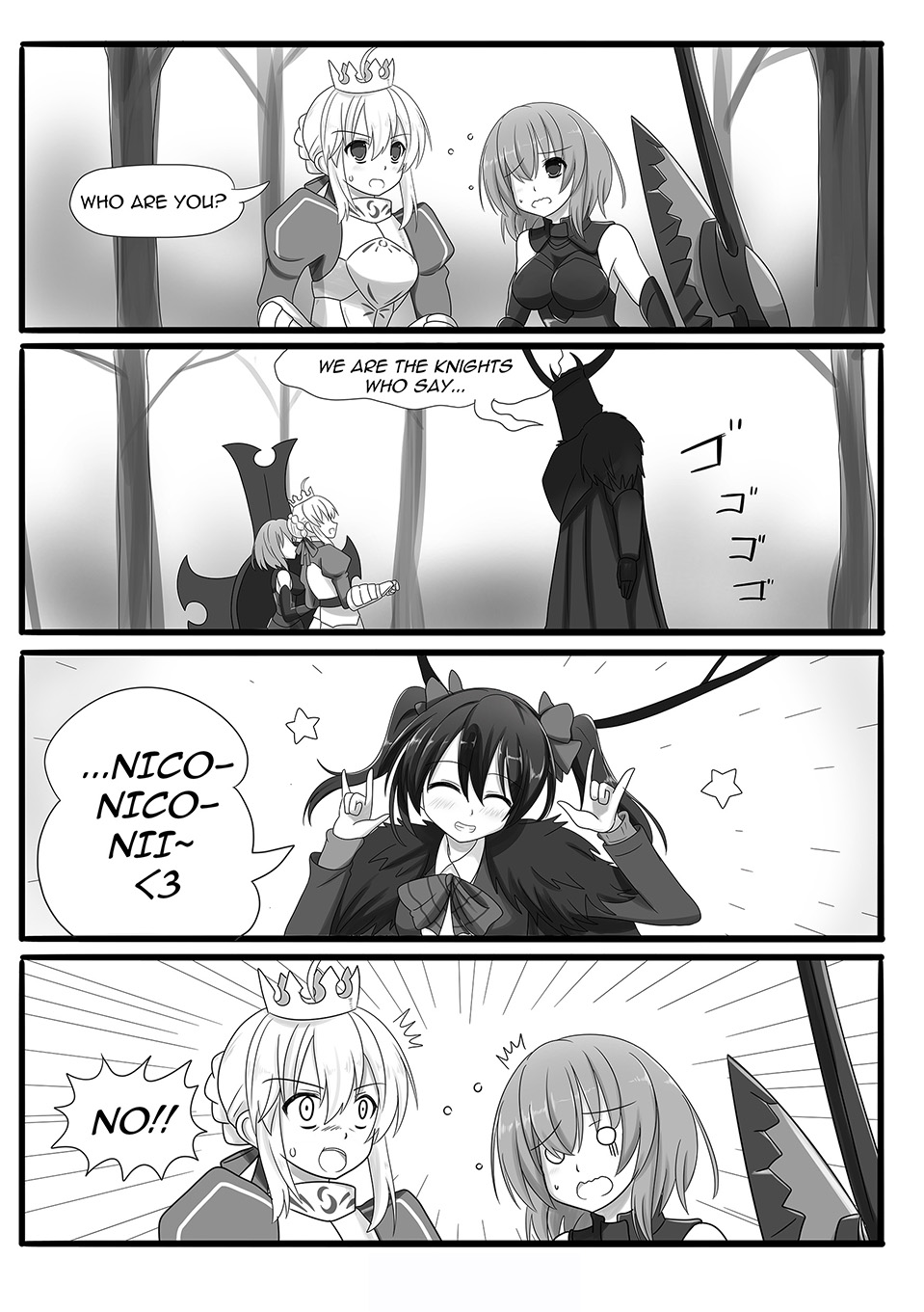 1girl, 3girls, 4koma, \m/, ahoge, alternate_height, armor, armored_dress