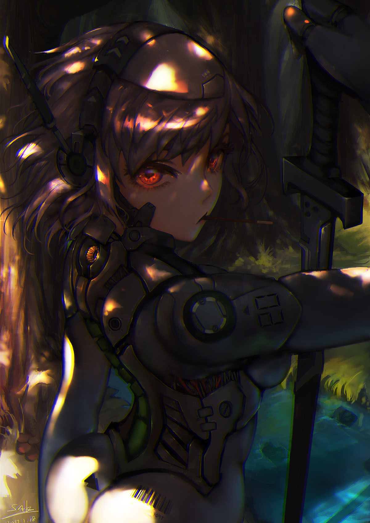 1girl, arm_at_side, armor, ass, bangs, brown_hair, cable, cowboy_shot