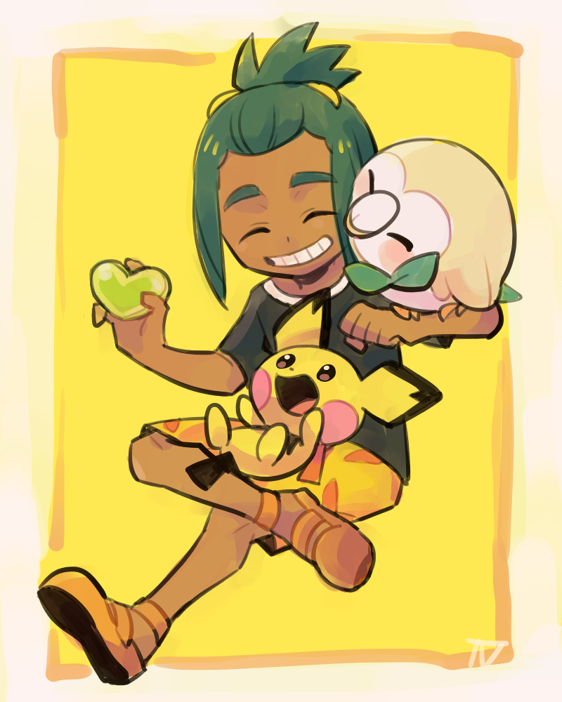 1boy, bangs_pinned_back, dark_skin, dark_skinned_male, full_body, green_hair, grin, hair_ornament