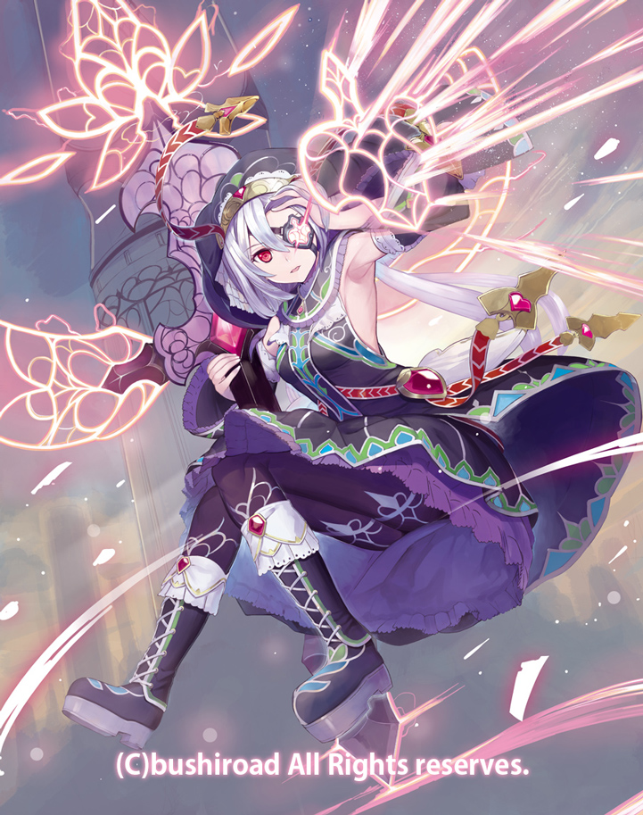 1girl, bare_shoulders, battle_sister_berrymouse, boots, cardfight!!_vanguard, company_name, cross, eyepatch