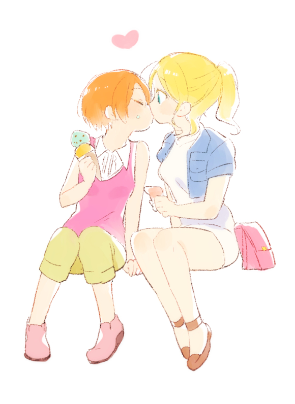 2girls, ayase_eli, bag, blonde_hair, dress, food, food_on_face, handbag, heart, hoshizora_rin, ice_cream, ice_cream_cone, kiss, kyokutsuki, love_live!, love_live!_school_idol_project, multiple_girls, orange_hair, pants, ponytail, short_hair, sketch, surprised, yuri