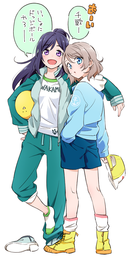 2girls, arm_on_shoulder, baseball_cap, black_hair, blue_eyes, full_body, grey_hair, hat