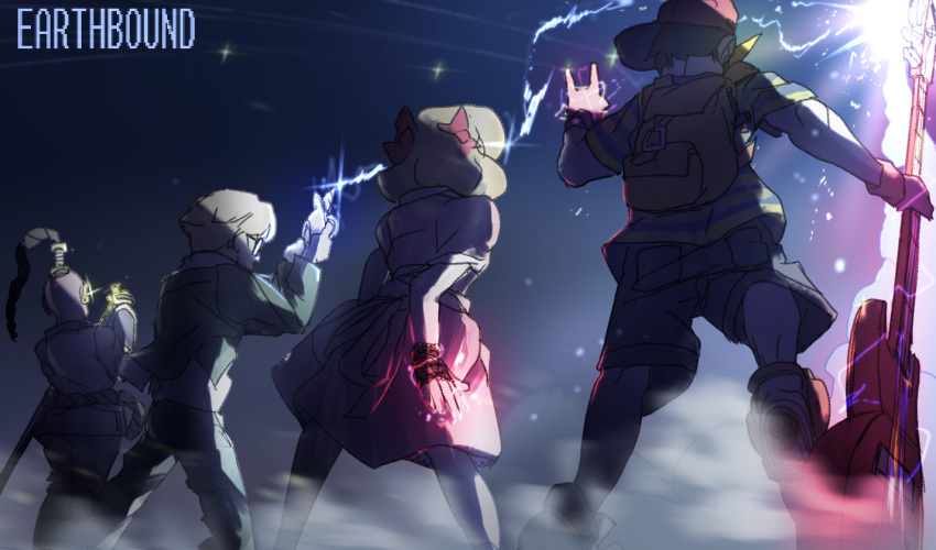 1girl, 3boys, black_hair, blonde_hair, bow, brown_hair, electricity, guitar