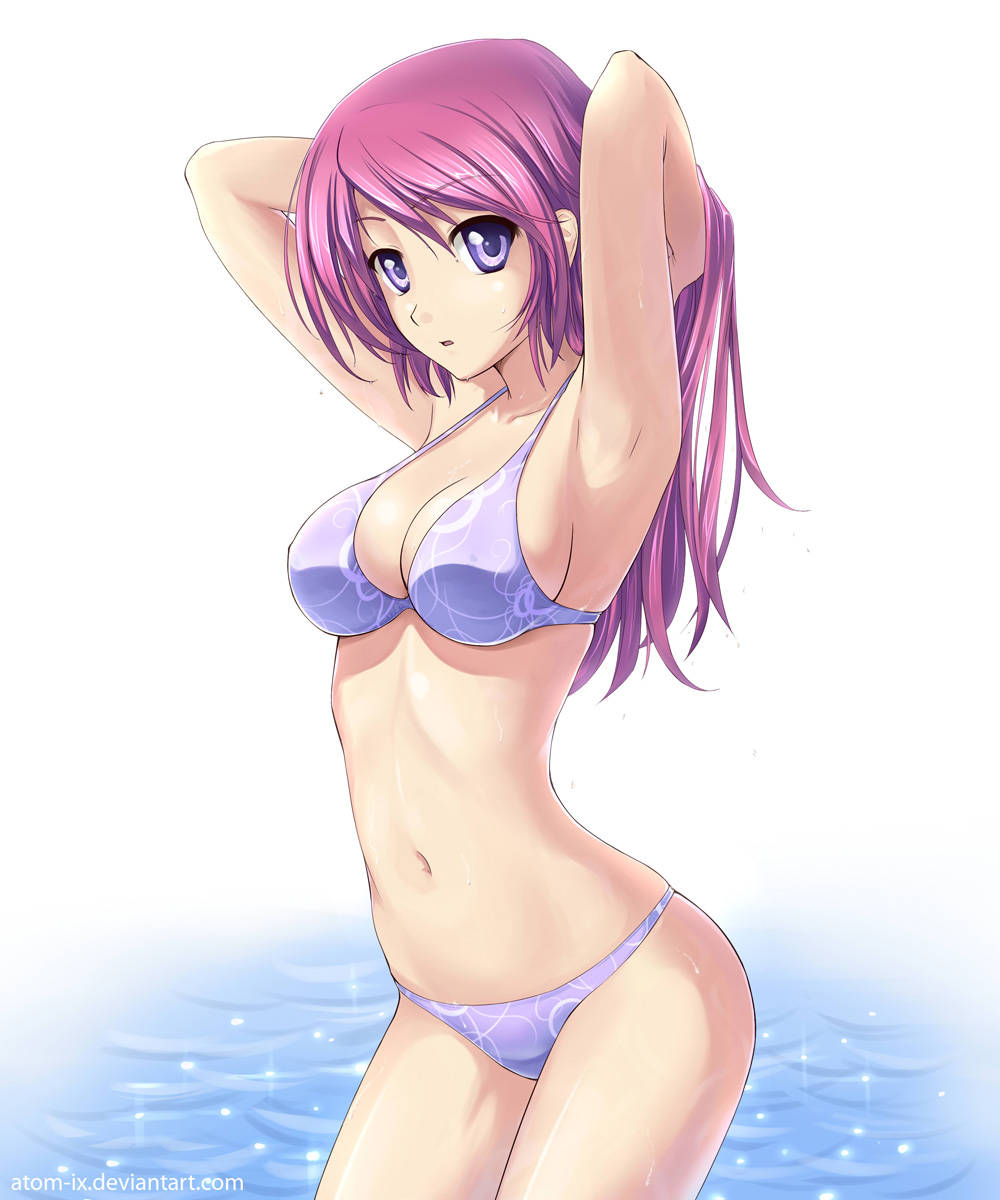 1girl, :o, armpits, arms_up, atomix, bangs, bare_arms, bikini