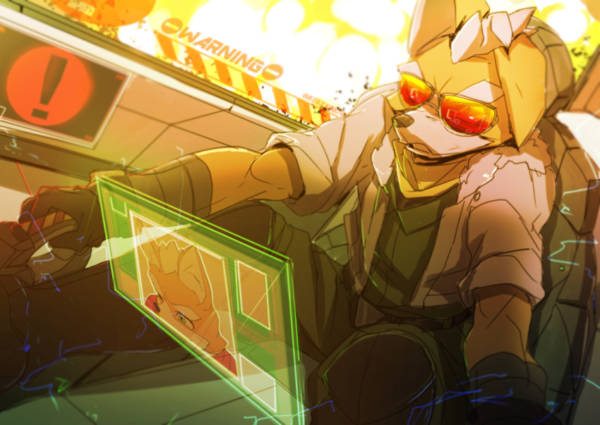 2boys, animal_ears, blonde_hair, blue_eyes, father_and_son, fox_ears, fox_mccloud, fox_tail