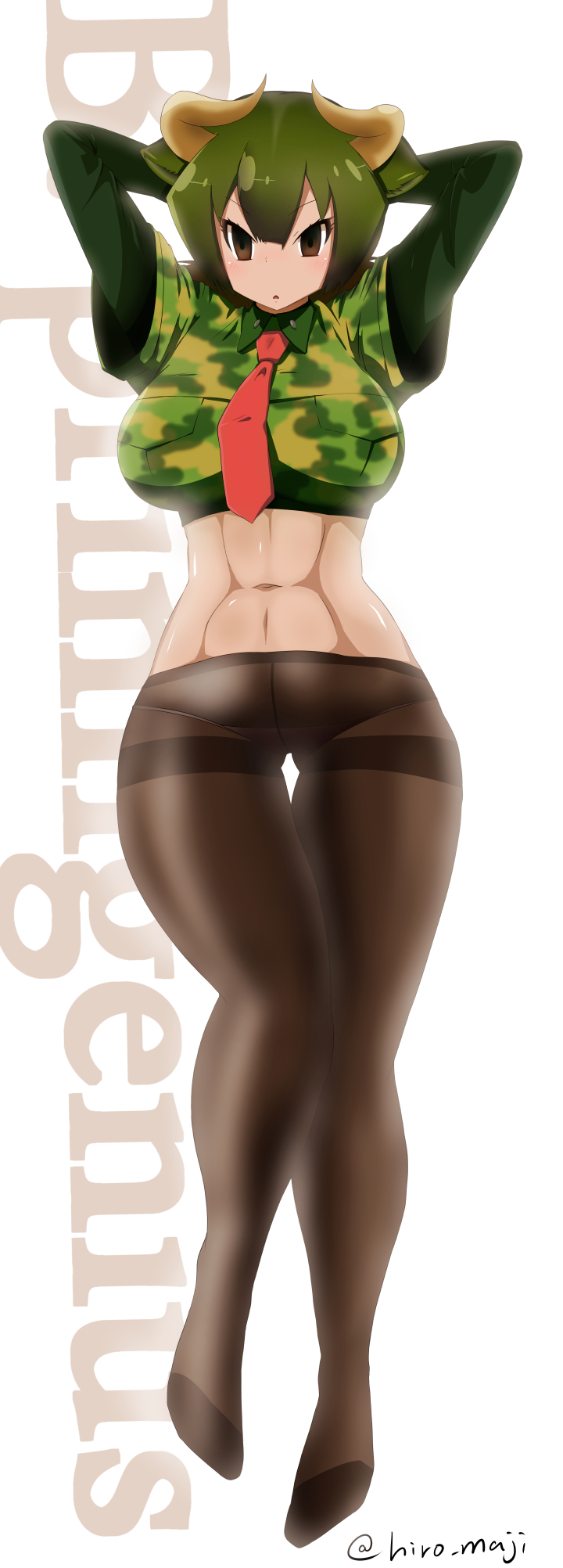 1girl, abs, animal_ears, arms_behind_head, arms_up, aurochs_(kemono_friends), black_legwear, bow