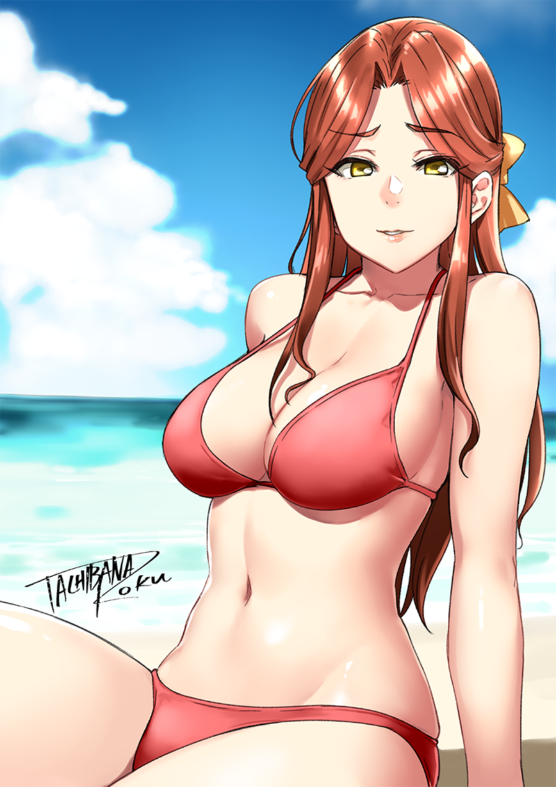 1girl, arm_support, artist_name, bangs, beach, bikini, blue_sky, brown_hair