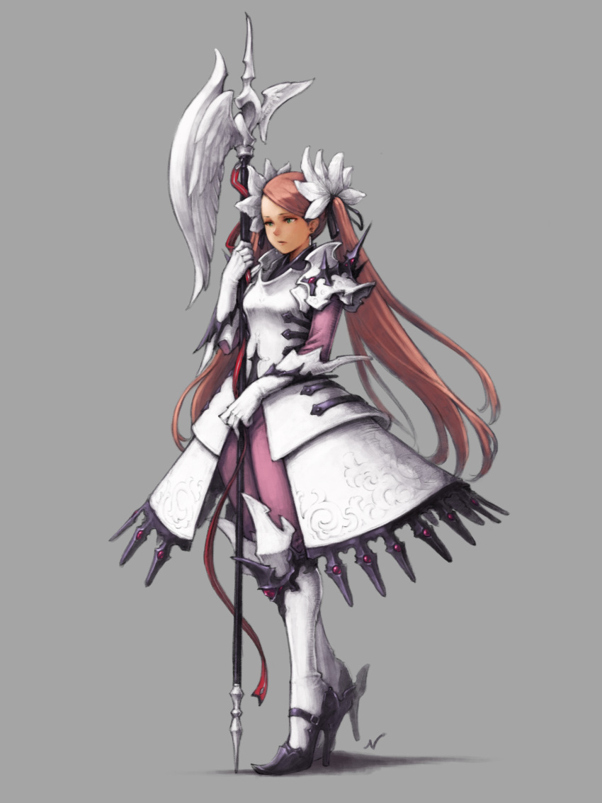 1girl, :/, absurdres, armor, armored_boots, armored_dress, bangs, boots