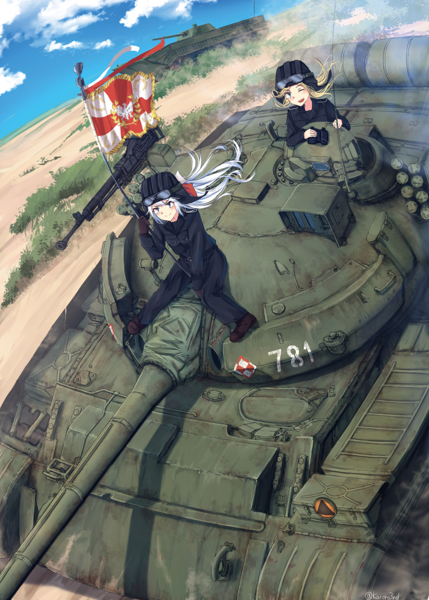 2girls, blonde_hair, bmp-1, clouds, cupola, dutch_angle, ground_vehicle, gun, heavy_machine_gun, helmet, highres, karo-chan, long_hair, machine_gun, military, military_vehicle, motor_vehicle, multiple_girls, one_eye_closed, original, poland, polish_air_force_checkerboard, polish_flag, riding, silver_hair, sky, smirk, standard_bearer, t-55a, t55am_merida, tank, uniform, weapon