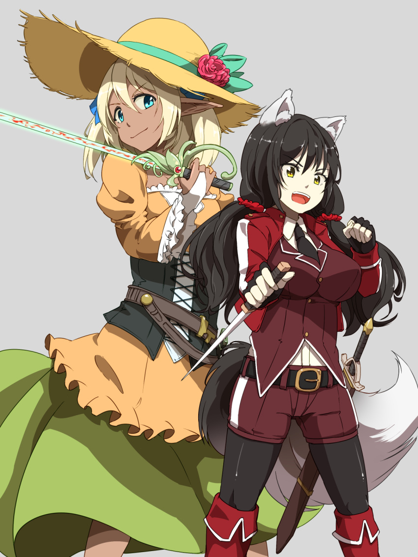 2girls, animal_ears, belt, black_hair, blonde_hair, boots, breasts, corset, dagger, dark_skin, dress, elf, fingerless_gloves, gloves, hat, hayashi_ekyuu, highres, large_breasts, multiple_girls, pale_skin, pantyhose, pantyhose_under_shorts, pointy_ears, puffy_sleeves, sheath, shorts, simple_background, smirk, solo, straw_hat, sword, tail, twintails, weapon