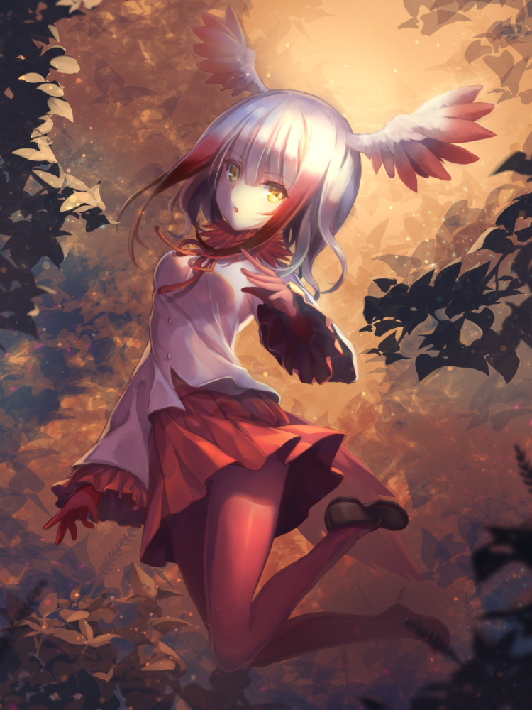 1girl, :o, arm_at_side, backlighting, bangs, bird_tail, bird_wings, blunt_bangs